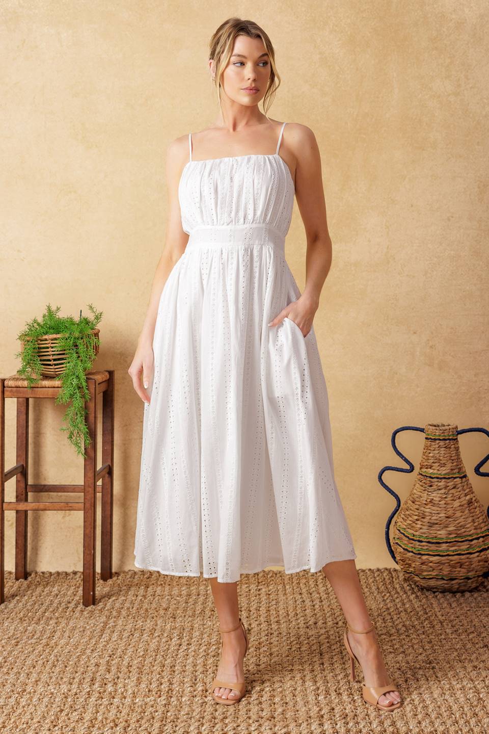 BACK AND FORTH EYELET MIDI DRESS