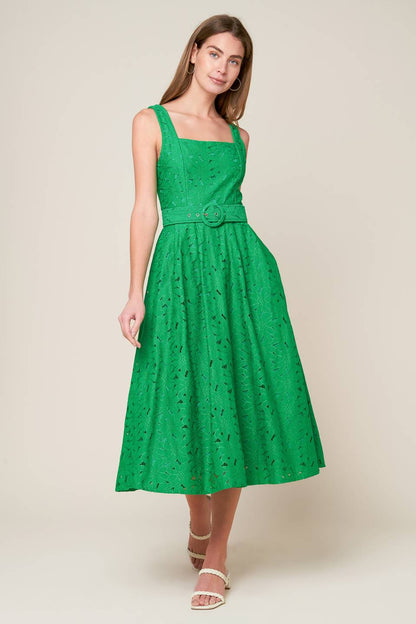 DAFFODILS & DAYDREAMS WOVEN LACE MIDI DRESS