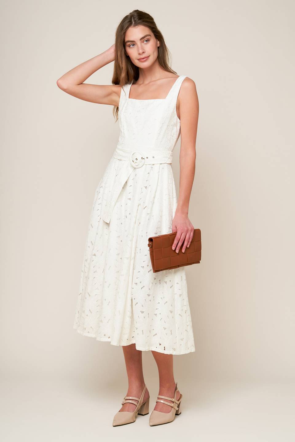 DAFFODILS & DAYDREAMS WOVEN LACE MIDI DRESS