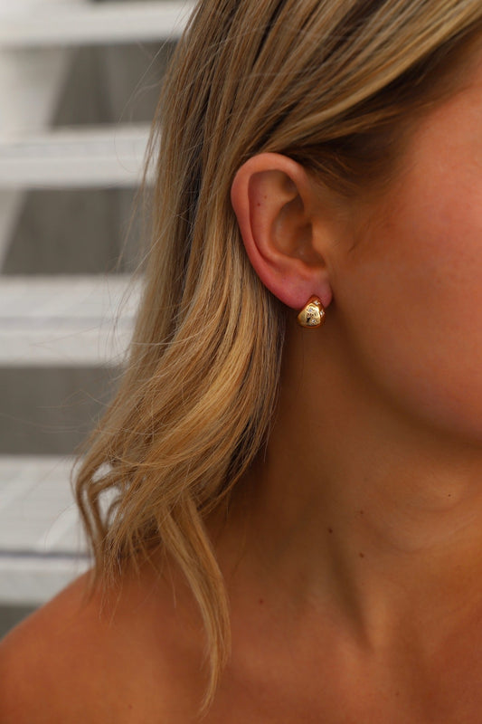 A close-up of a woman's ear adorned with a small, shiny gold earring. Her hair, long and wavy, flows partially over her shoulder. Subtle, natural lighting enhances the scene.