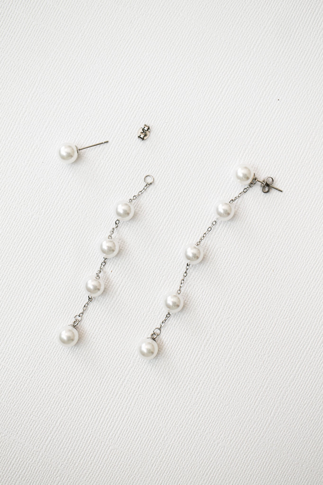 Long top Silver, White Pearl Drop Earrings