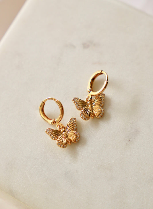 Gold butterfly earrings rest on a smooth, light-colored stone surface, showcasing intricate detailing and sparkly accents, reflecting light in a bright, softly lit environment.