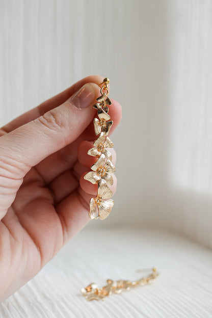 A hand holds a delicate gold earring shaped like cascading flowers. The background is softly lit, revealing a textured surface beneath the earring, suggesting an elegant and artistic presentation.