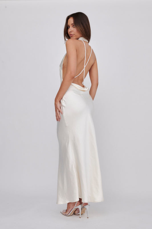 High Halter neck, oyster white satin Maxi dress with open back and pearl strap detailing on back 