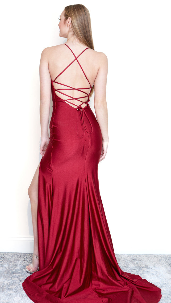 Luxe Lace Up Back Bodycon Gown w/Slit by  Atria 6009 in beet red