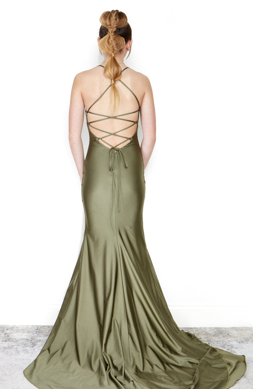 Luxe Lace Up Back Bodycon Gown w/Slit by  Atria 6009 in olive