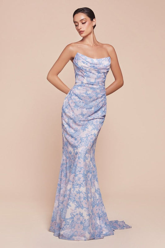 MARTA GOWN - BLUE - STRAPLESS FLORAL PRINTED SOFT CHIFFON DRESS