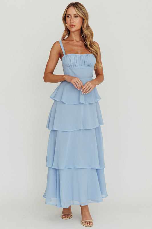 Molly Maxi Dress, a tiered frill maxi dress with a square ruched neckline, adjustable straps and with a tie-up back