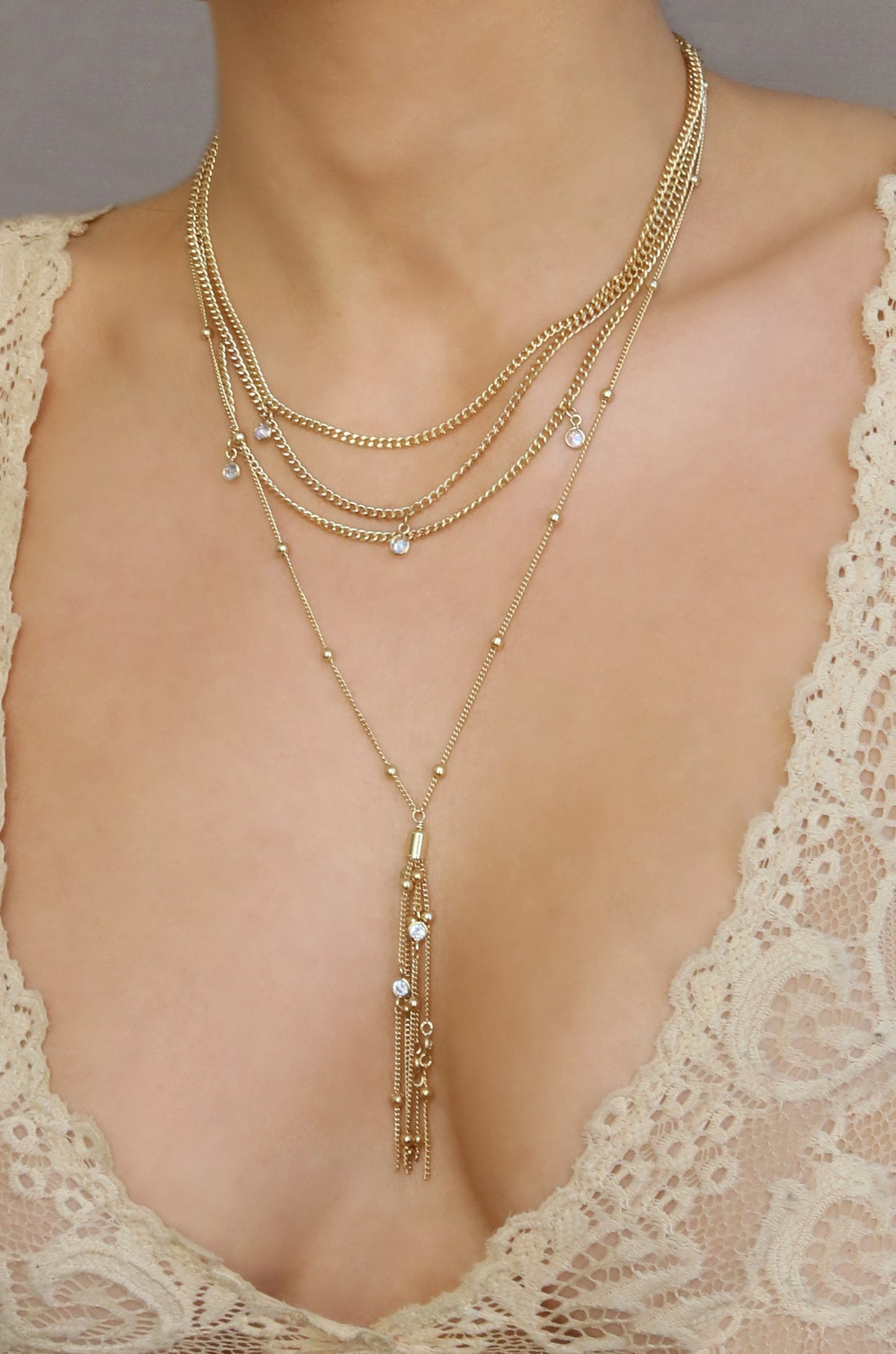 Layered Chain Drop Tassel Necklace