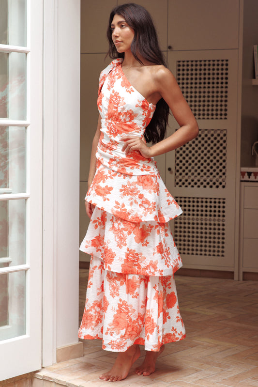 One Shoulder white and orange Maxi Dress with a floral print