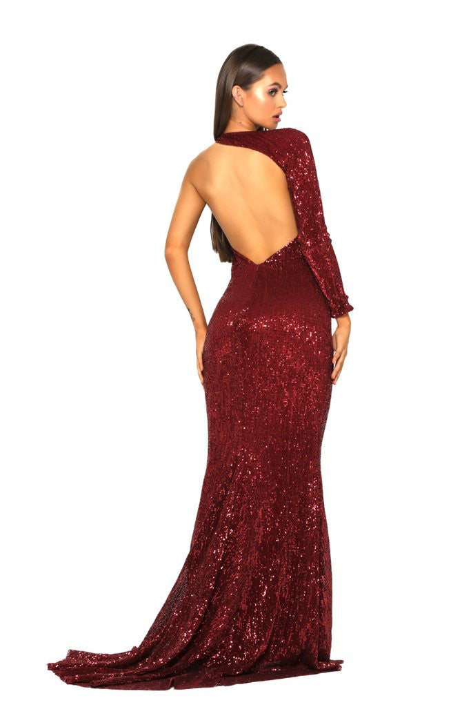 PS2045 In RED, One Shoulder Stretch Sequin gown by Portia and Scarlett