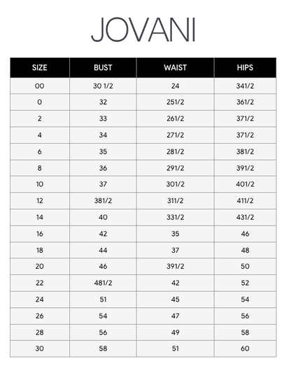 A size chart lists measurements for women's dresses by size, detailing bust, waist, and hip measurements in inches from sizes 00 to 30, presented under the JOVANI label.