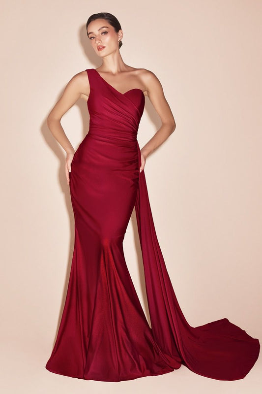 Shannon Gown - Burgundy - ONE SHOULDER STRETCH SATIN GOWN