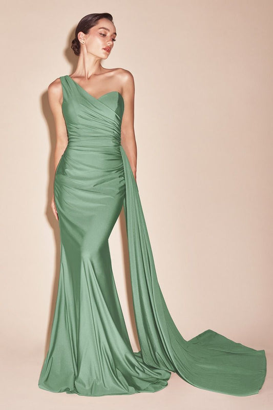 Shannon Gown - Dark Sage - ONE SHOULDER STRETCH SATIN GOWN