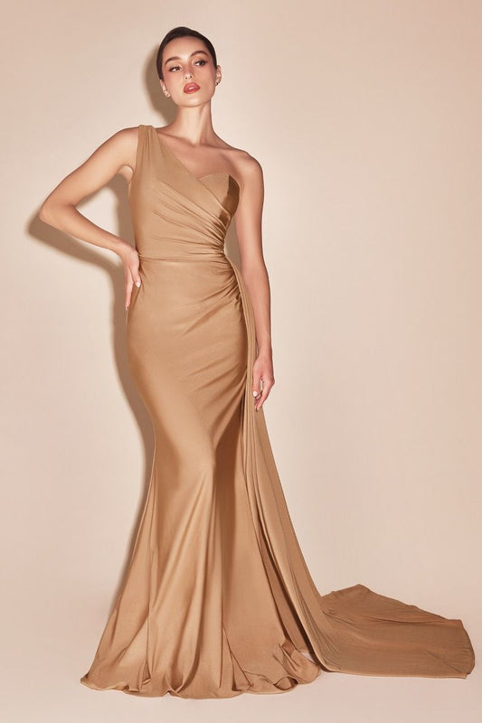 Shannon Gown - Nude Gold - ONE SHOULDER STRETCH SATIN GOWN