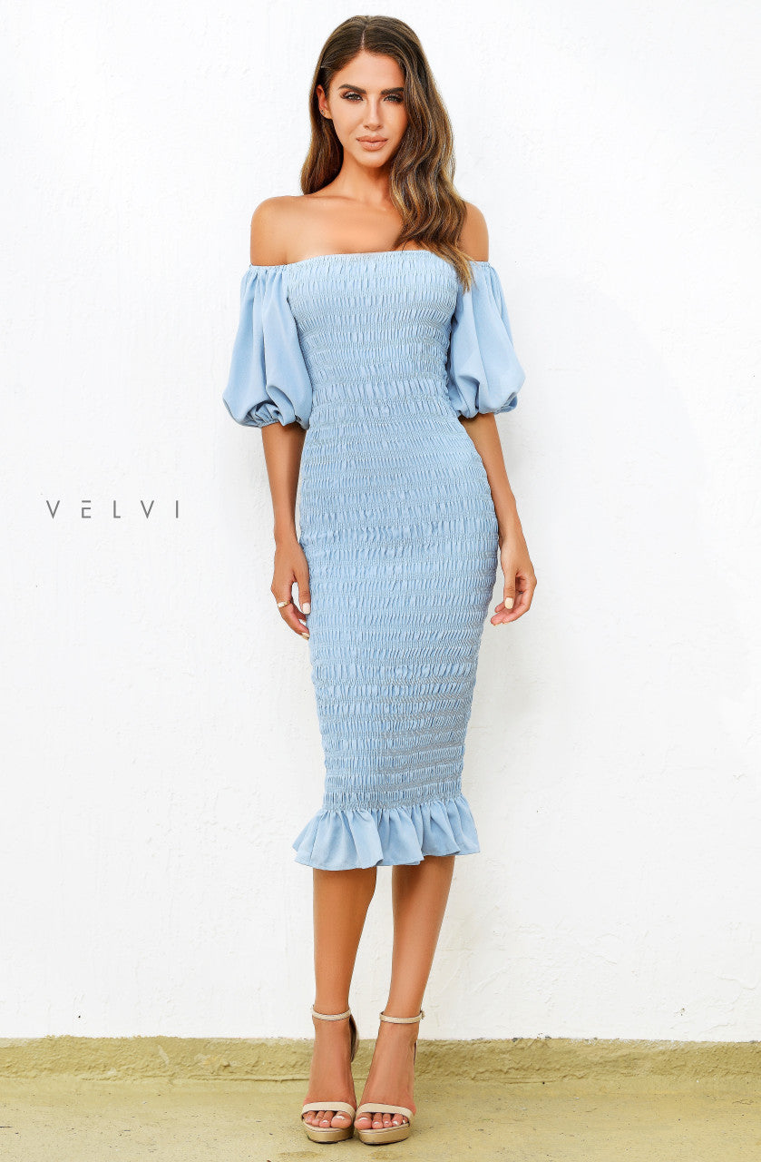 Skyla Shirred Midi Dress - Light Blue - Velvi