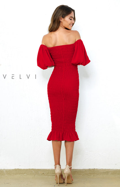 Skyla Shirred Midi Dress - RED - VELVI - Lady Black Tie