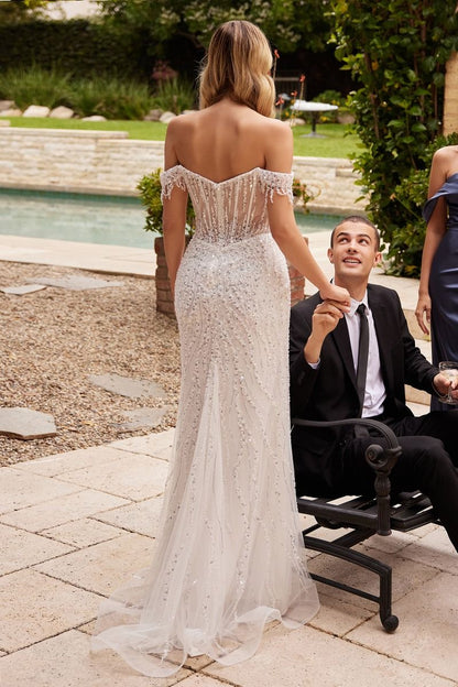 A woman in a beaded white gown stands, holding hands with a seated man in a black suit. They are outdoors near a pool, surrounded by greenery and stone pathways.