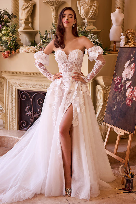 WL017 - Floral Applique Adorned Strapless Wedding Gown - Andrea & Leo