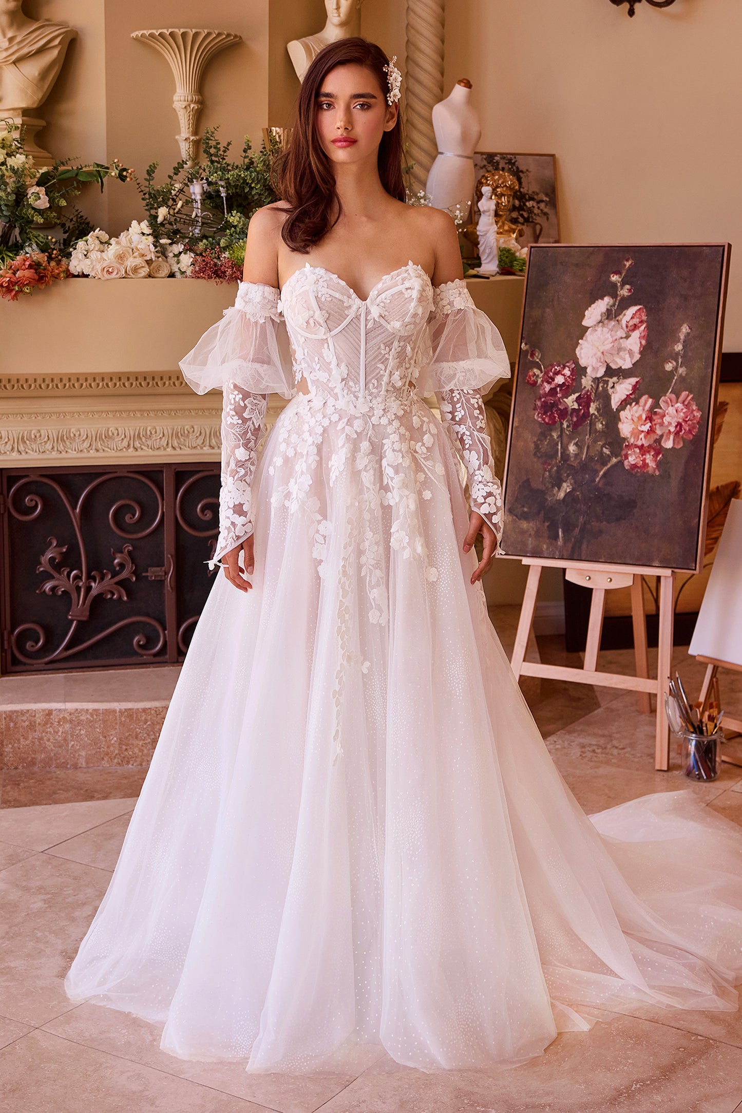 WL032-Floral Appliqued Strapless Wedding Ball Gown-Andrea & Leo