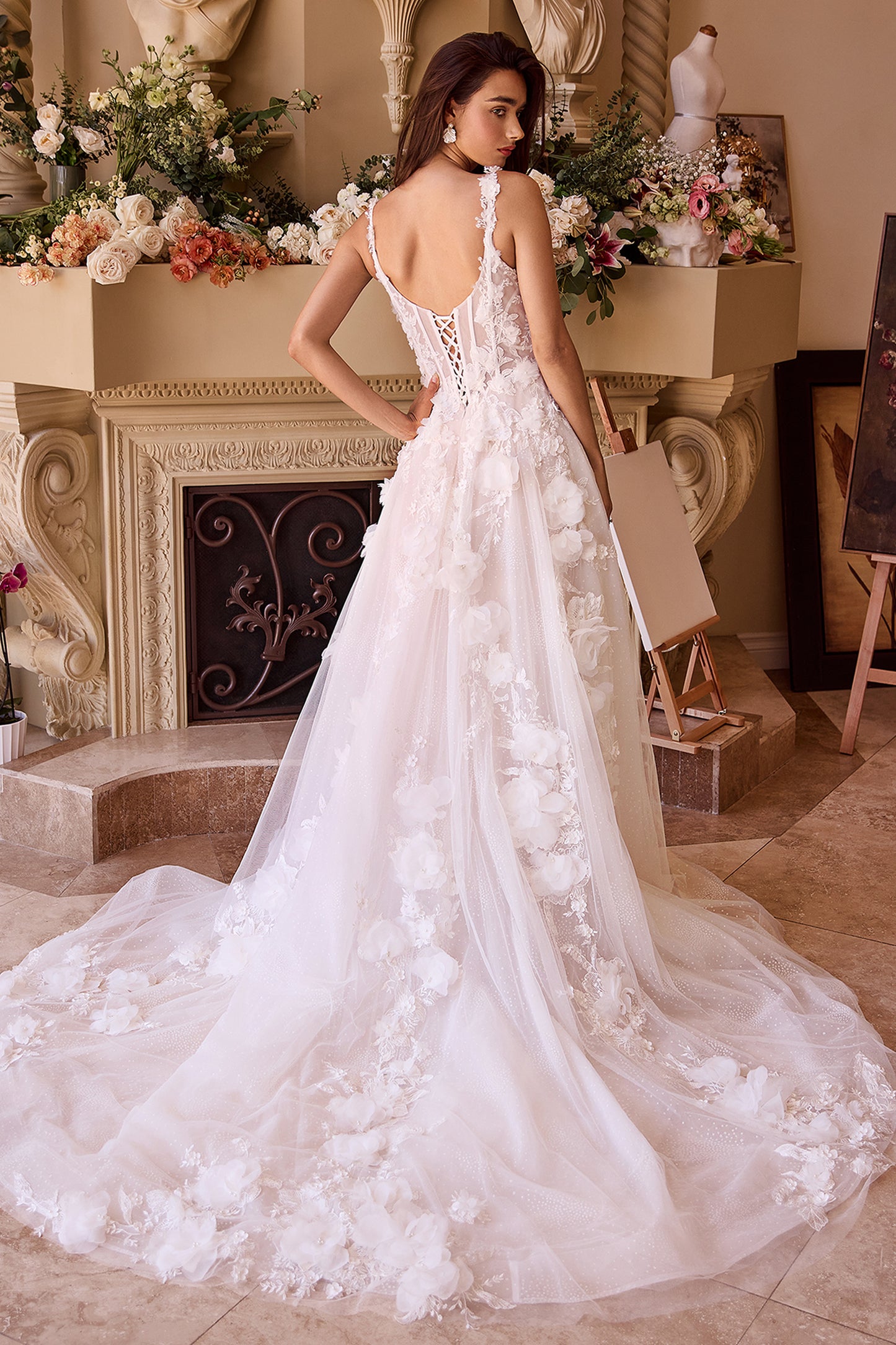 WL045-Intricate Floral Applique A-Line Tulle Wedding Dress-Andrea & Leo