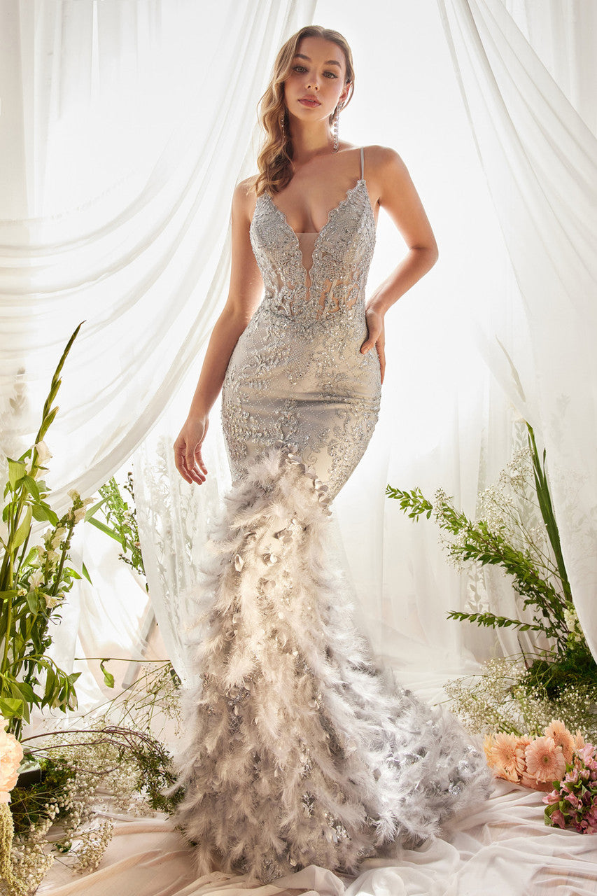 Feather Mermaid Gown - A1116 SILVER by A&L