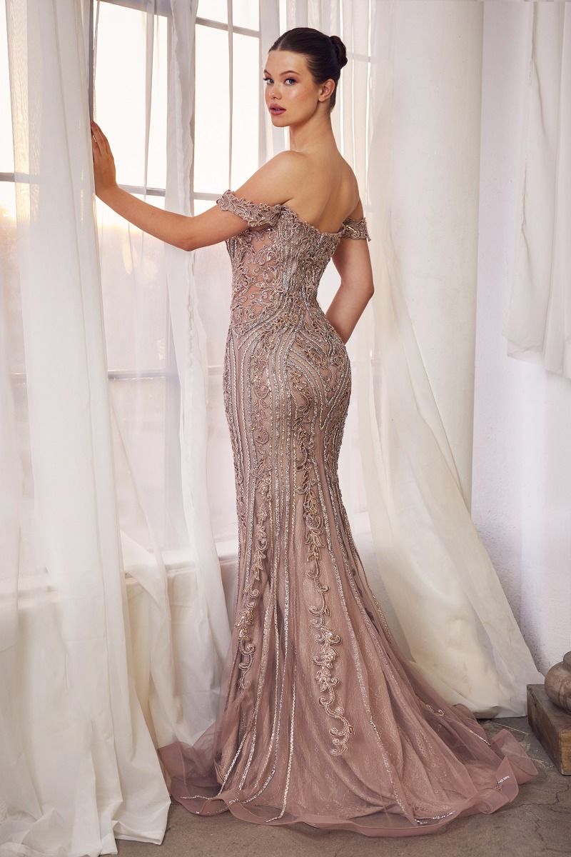 A woman in an ornate, off-the-shoulder gown stands by a window, gracefully gazing back while her hand rests lightly on the curtain, surrounded by soft natural light.