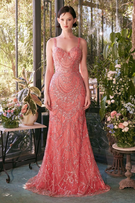 A1363 - FITTED BEADED EVENING GOWN - CORAL - Andrea & Leo Couture