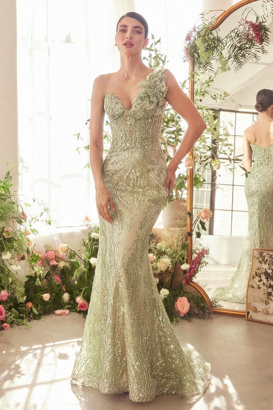 A1392 - ONE SHOULDER FULLY BEADED FLORAL MOTIF GOWN - GREENERY - Andrea & Leo