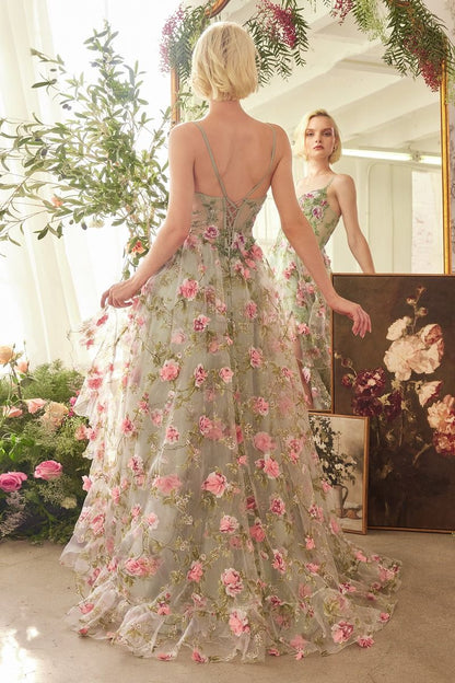 A1420 - SAGE FLORAL PRINT LAYERED A-LINE DRESS - Andrea & Leo Couture