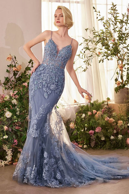 A1421 FOLIAGE BEADED LACE MERMAID GOWN by Andrea & Leo