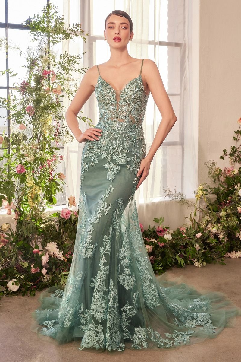 A1421 FOLIAGE BEADED LACE MERMAID GOWN by Andrea & Leo