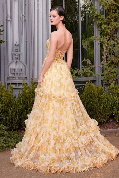 A1430 - STRAPLESS FLORAL PRINTED BALL GOWN - Andrea & Leo Couture