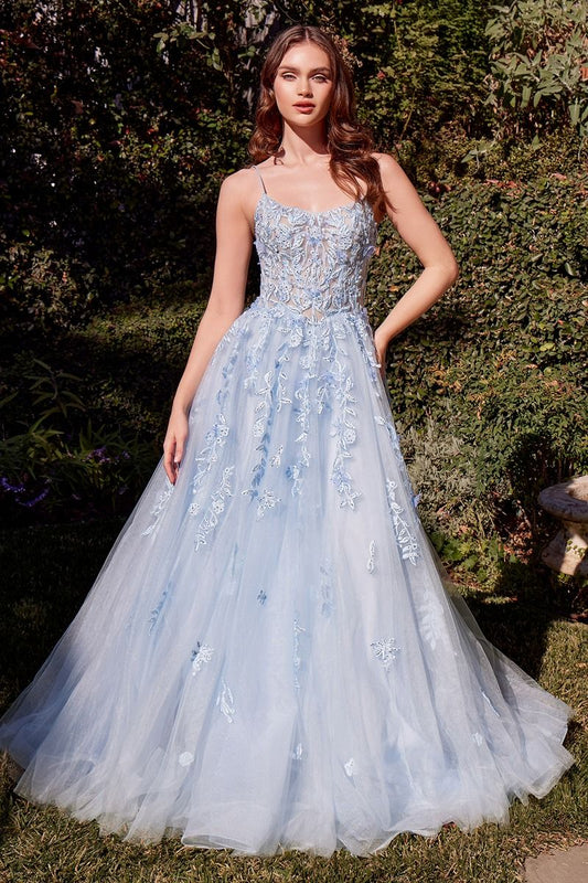 A1437 - LIGHT BLUE LEAF MOTIF APPLIQUED A-LINE DRESS - Andrea & Leo