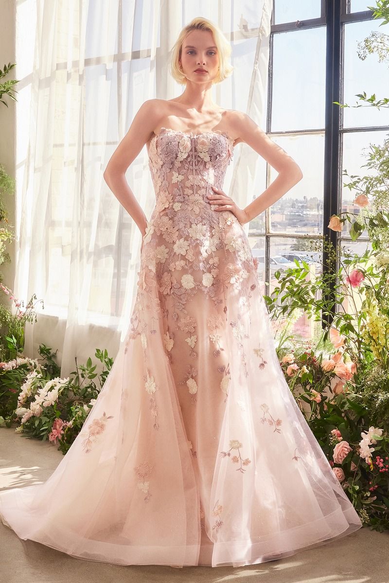 A1453 - SPRING FLORAL APPLIQUÉ A-LINE GOWN - Andrea & Leo Couture