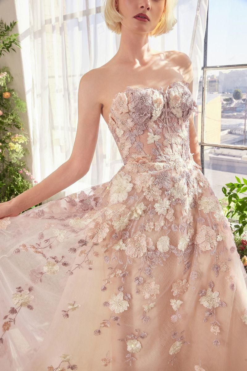 A1453 - SPRING FLORAL APPLIQUÉ A-LINE GOWN - Andrea & Leo Couture