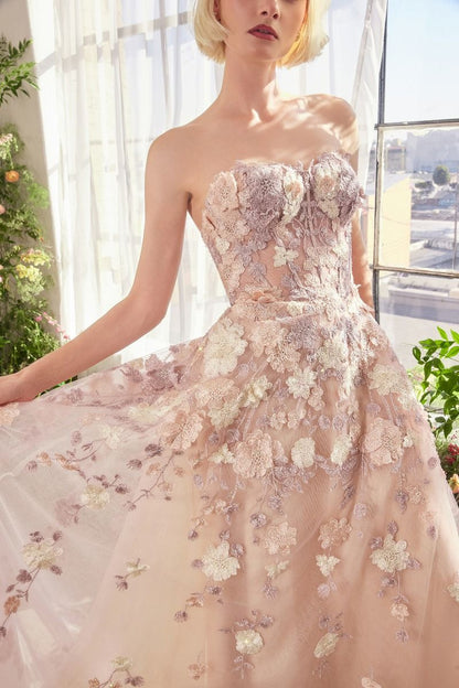 A1453 - SPRING FLORAL APPLIQUÉ A-LINE GOWN - Andrea & Leo Couture