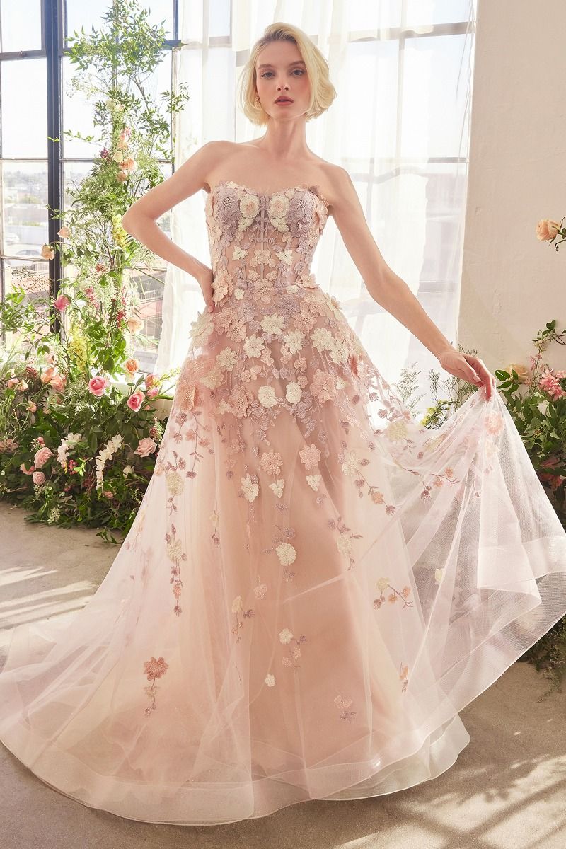 A1453 - SPRING FLORAL APPLIQUÉ A-LINE GOWN - Andrea & Leo Couture