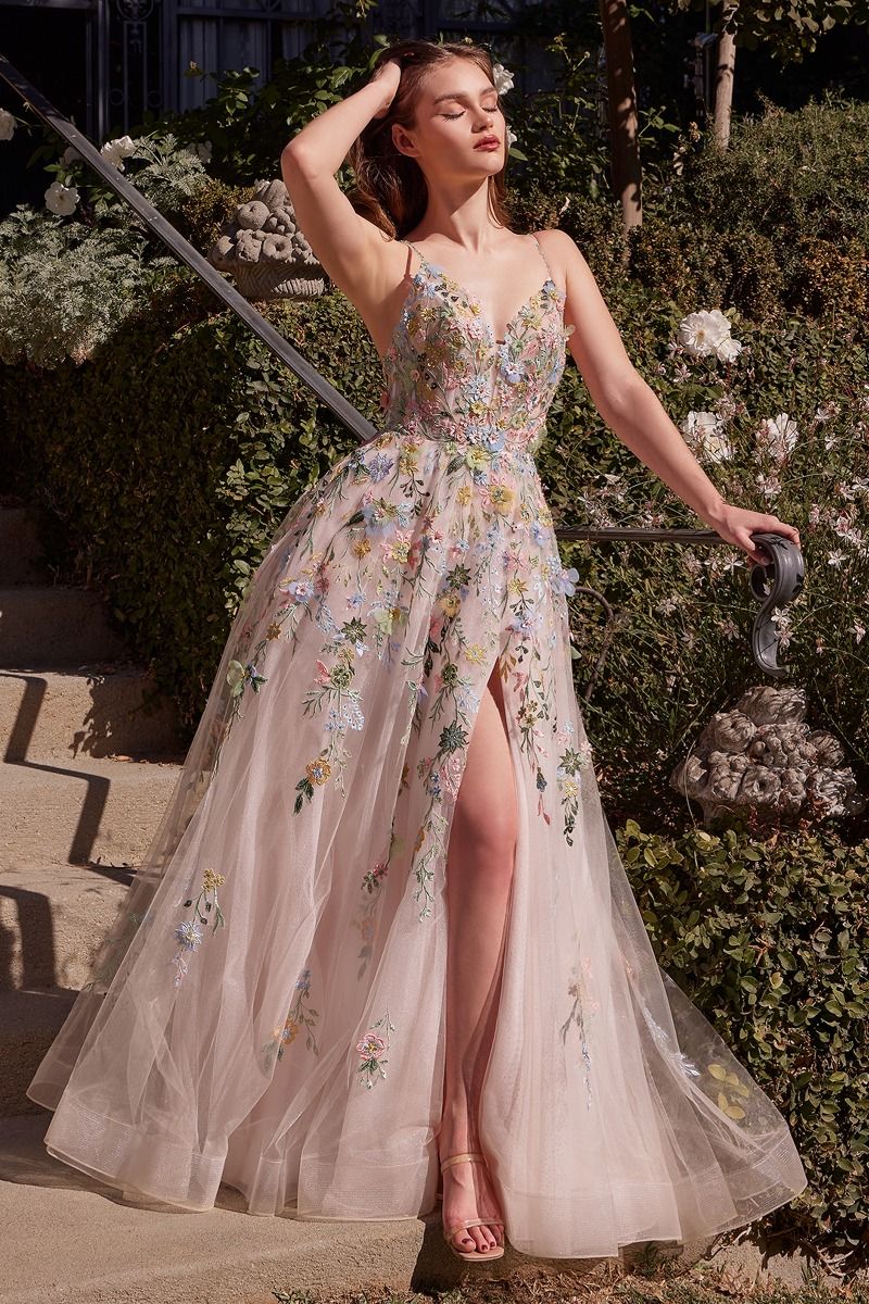 A1460 - MULTICOLOR FLORAL A-LINE GOWN - Andrea & Leo Couture