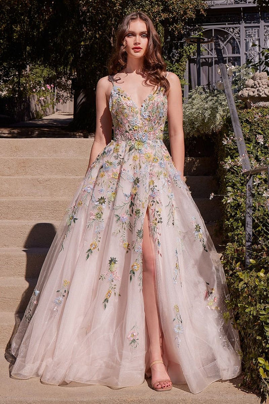 A1460 - MULTICOLOR FLORAL A-LINE GOWN - Andrea & Leo