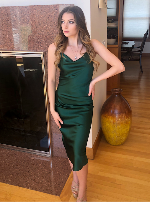 Aspen Midi Dress - Emerald Green Satin | Lady Black Tie