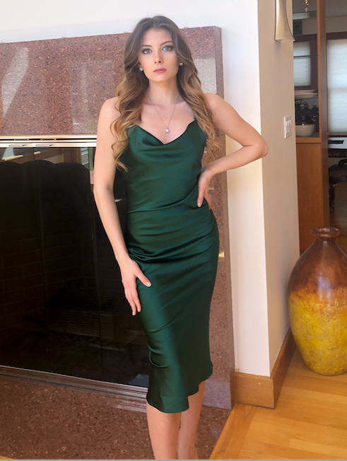 Aspen Midi Dress - Emerald Green Satin Cowl Neck Dress