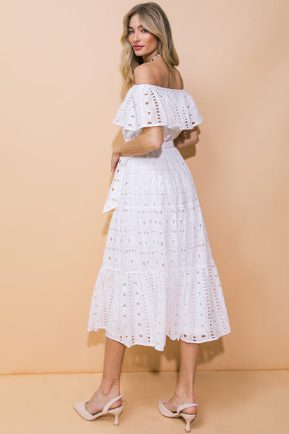 CATCHING MY BREATH EYELET MIDI DRESS