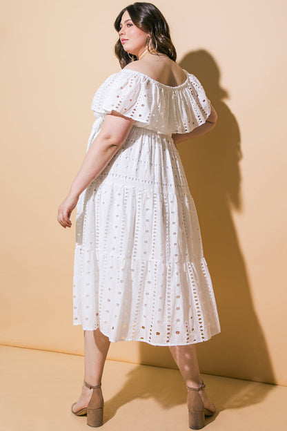 CATCHING MY BREATH EYELET MIDI DRESS