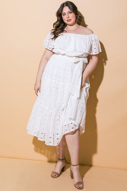 CATCHING MY BREATH EYELET MIDI DRESS