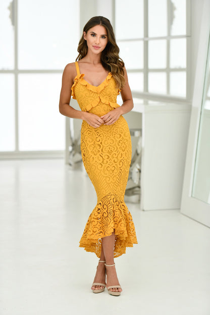 The Leanne Midi Dress - Mustard Midi length lace dress - Two Sister's the Label  Lady Black Tie