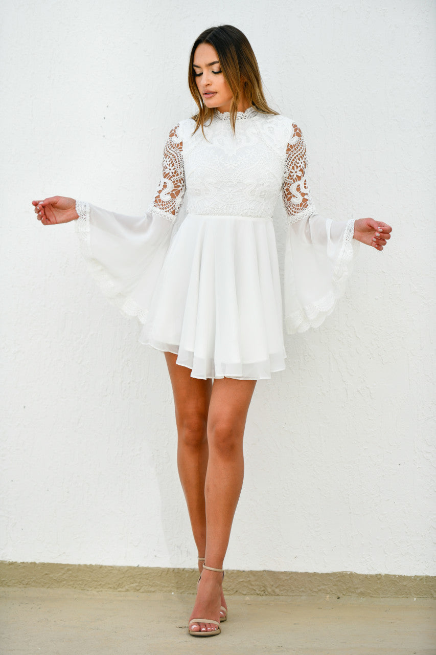 THE PAIGE DRESS, WHITE, TWO SISTERS THE LABEL. WHITE MINI DRESS with long sleeves. boho short white dress with lace up back