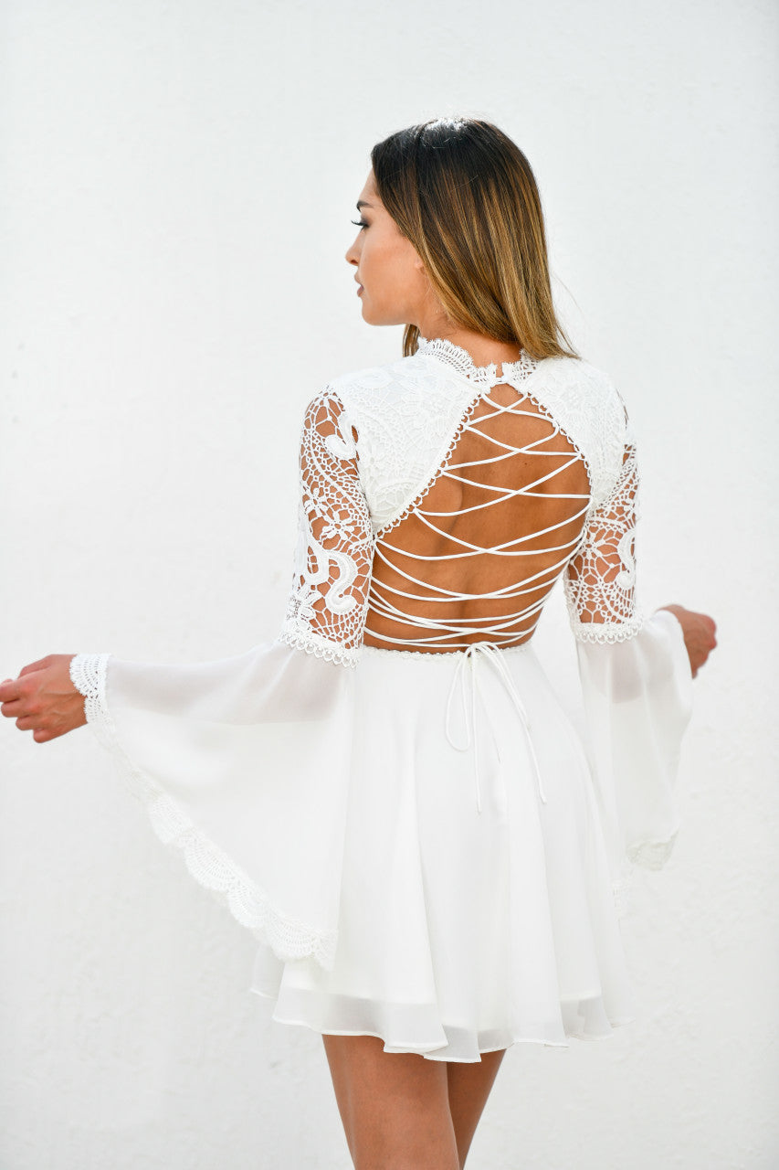 THE PAIGE DRESS, WHITE, TWO SISTERS THE LABEL. WHITE MINI DRESS with long sleeves. boho short white dress with lace up back