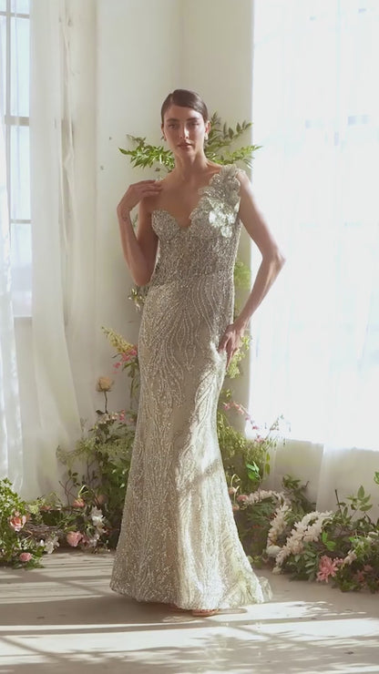 A1392 - ONE SHOULDER FULLY BEADED FLORAL MOTIF GOWN - GREENERY - Andrea & Leo Couture