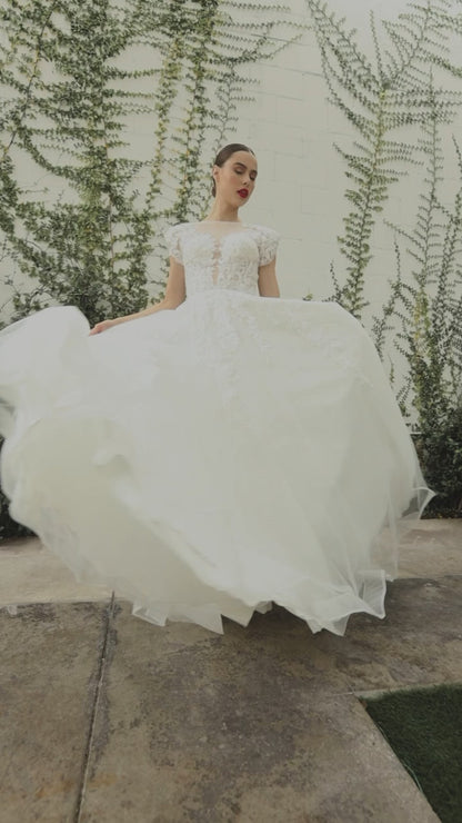 A1082W - CATHERINE CAP SLEEVE LACE BALL GOWN - Andrea & Leo Couture